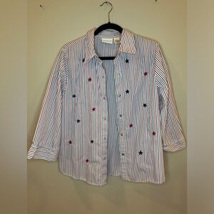 Alfred Dunner Red White Blue Button Down Blouse Size 12